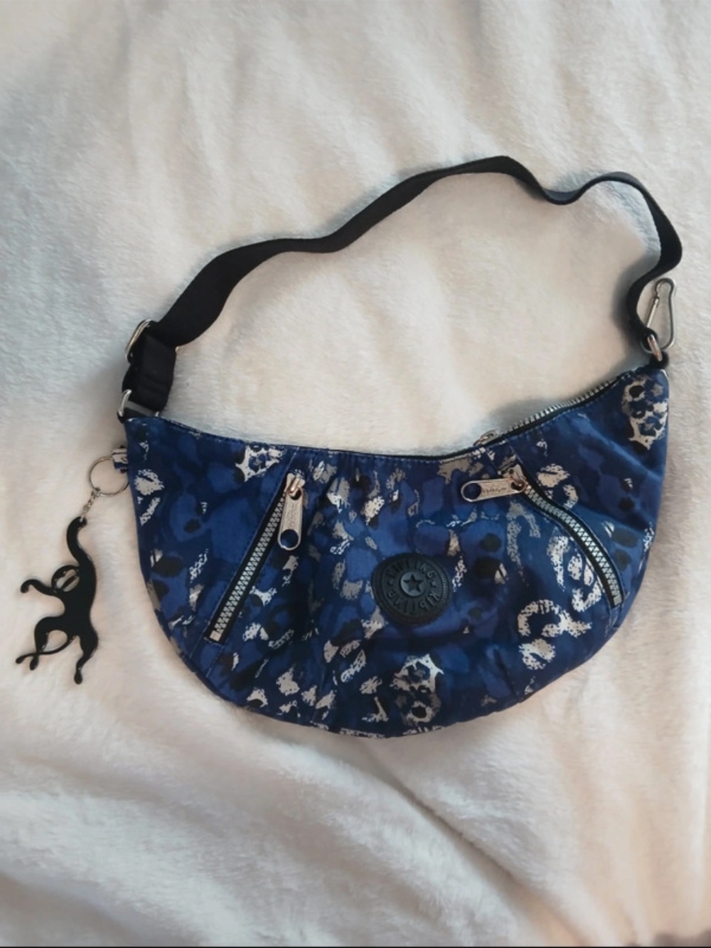 Kipling Blue Leopard-Print Crescent Shoulder Bag with Black Strap